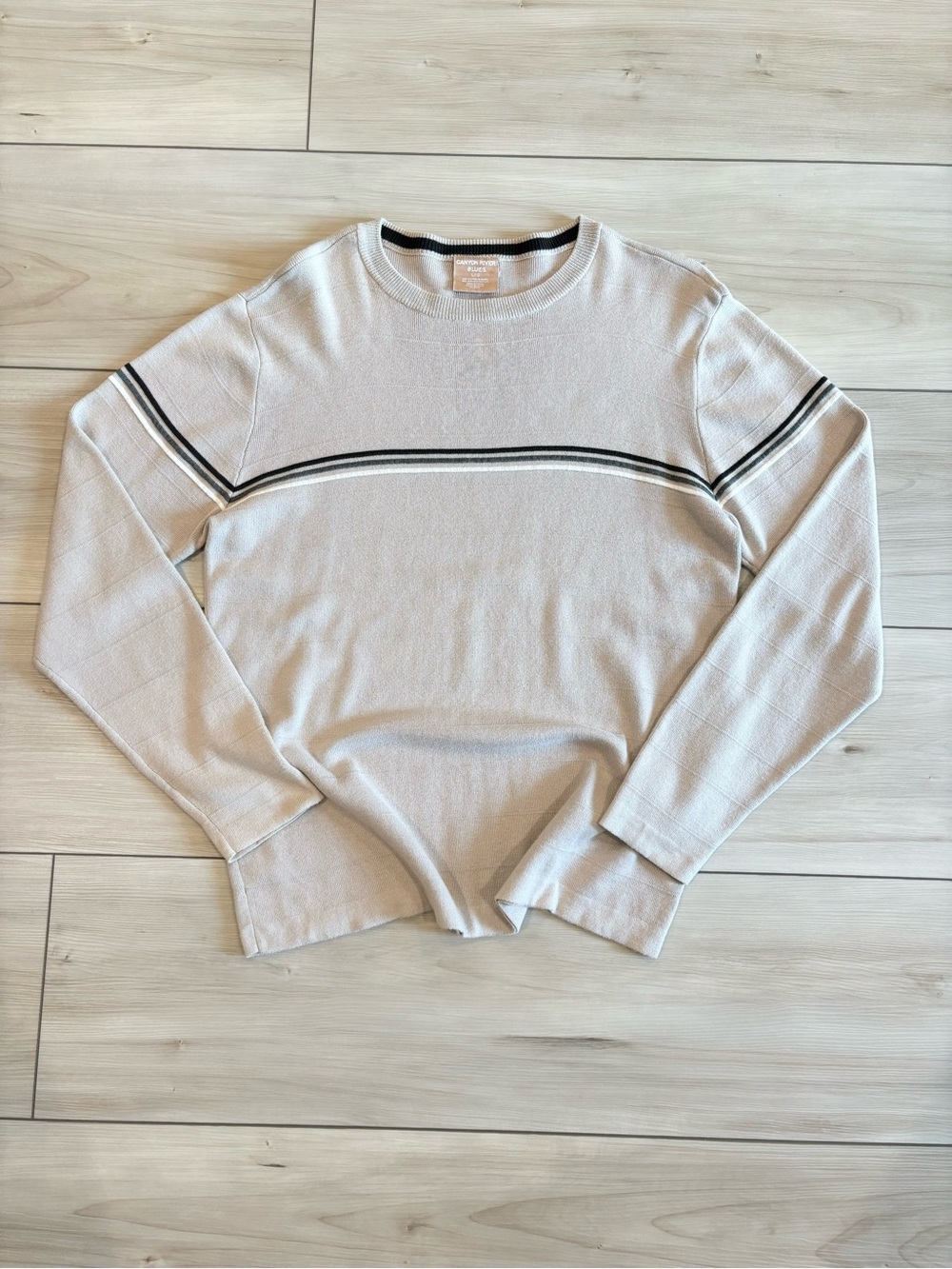 Vintage 90s Canyon River Blues Men’s Cream Crewneck Sweater with Black Stripes